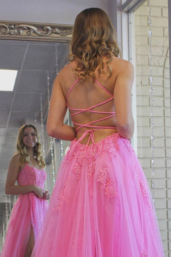 Hot Pink Tulle Split Long Prom Dresses, Evening Dress With Lace Appliques, MP650