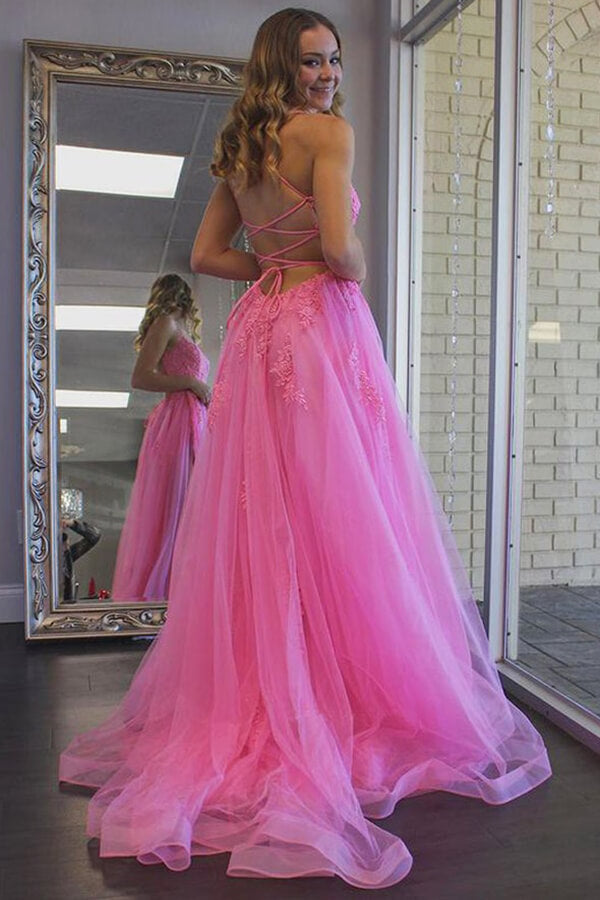 Hot Pink Tulle Split Long Prom Dresses, Evening Dress With Lace Appliques, MP650