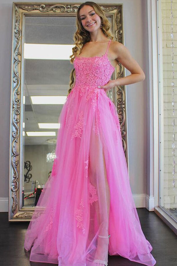 Strapless Hot Pink Lace Prom Dresses, Hot Pink Lace Formal Evening