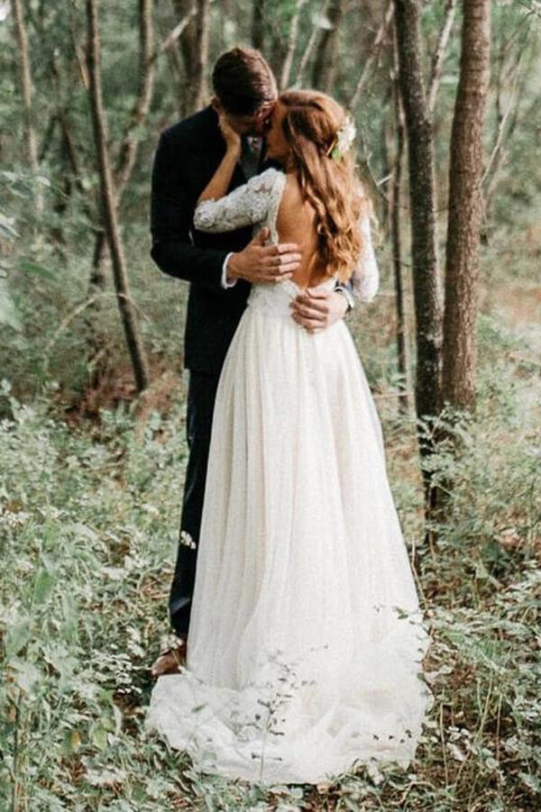 Ivory 3/4 Sleeves Lace Top Backless Wedding Dresses, Bridal Gowns, MW555 | cheal lace wedding dress | beach wedding dresses | outdoor wedding dresses | wedding gowns | www.musebridals.com