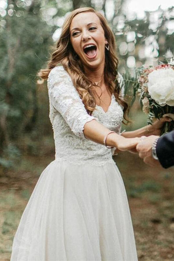 Ivory 3/4 Sleeves Lace Top Backless Wedding Dresses, Bridal Gowns, MW555 | cheal lace wedding dress | beach wedding dresses | outdoor wedding dresses | wedding gowns | www.musebridals.com | outdoor wedding dresses | cheap wedding dresses | bridal gowns | wedding gowns | www.musebridals.com