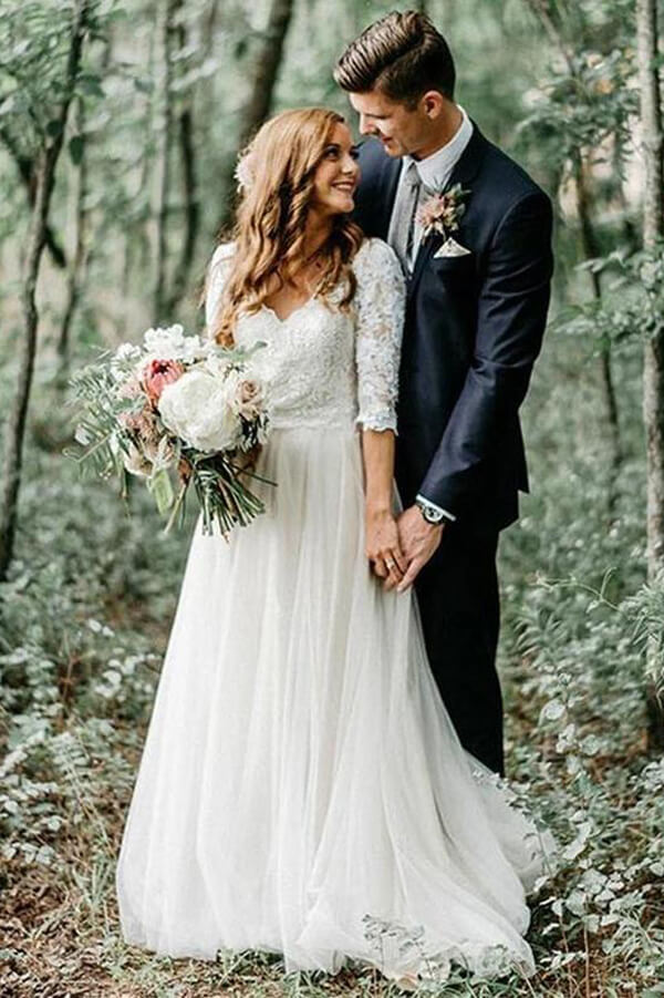 Ivory 3/4 Sleeves Lace Top Backless Wedding Dresses, Bridal Gowns, MW555 Ivory 3/4 Sleeves Lace Top Backless Wedding Dresses, Bridal Gowns, MW555
