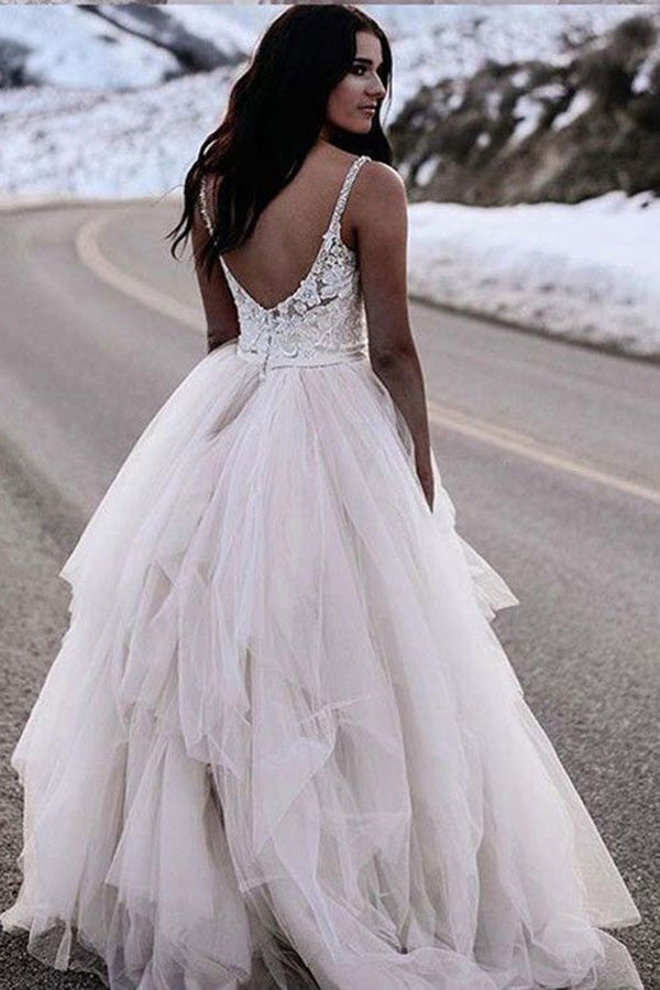 Ivory A line Tulle Lace Top Straps Backless Wedding dresses Bridal Gown MW683