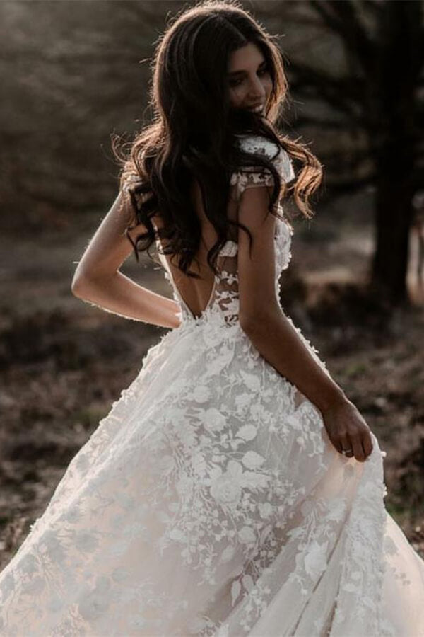 Ivory A-line V-neck Lace Appliqued Beach Wedding Dresses, Bridal Gown, MW619 Ivory A-line V-neck Lace Appliqued Beach Wedding Dresses, Bridal Gown, MW619