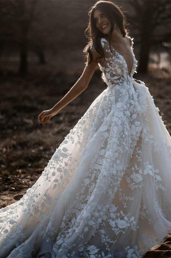 Ivory V-Neck Appliqued Long Wedding Dress  Long wedding dresses, Bridal  dresses lace, Bridal dress fabric