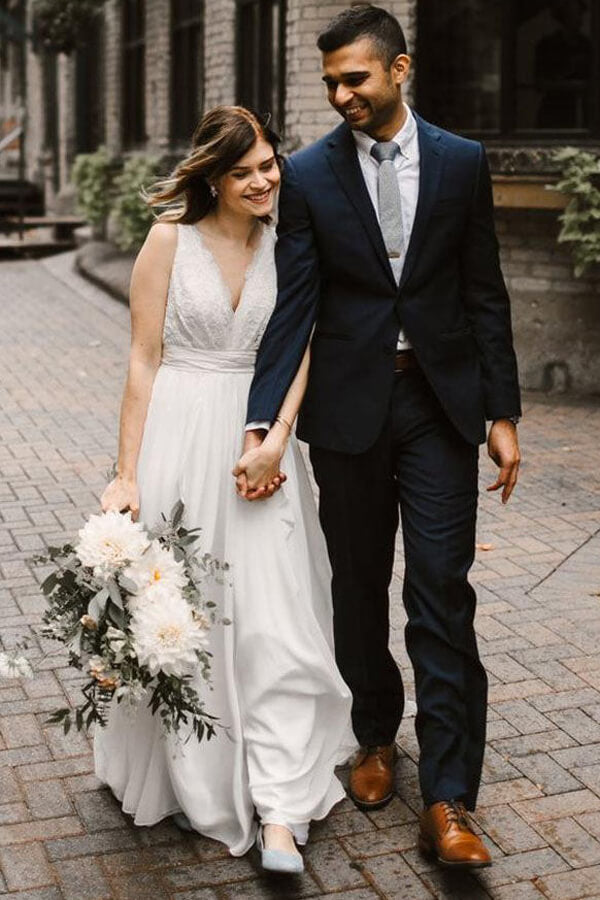 Ivory Chiffon A line V neck Lace Wedding Dresses MW668 Musebridals