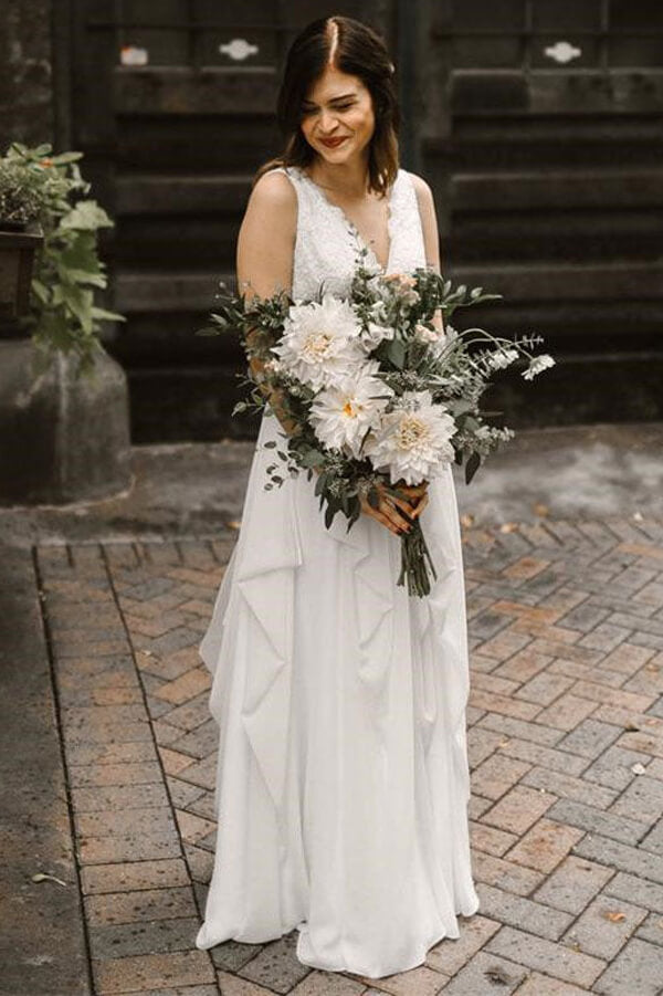 white christmas dresses Ivory Chiffon A-line V-neck Lace Wedding Dresses MW668