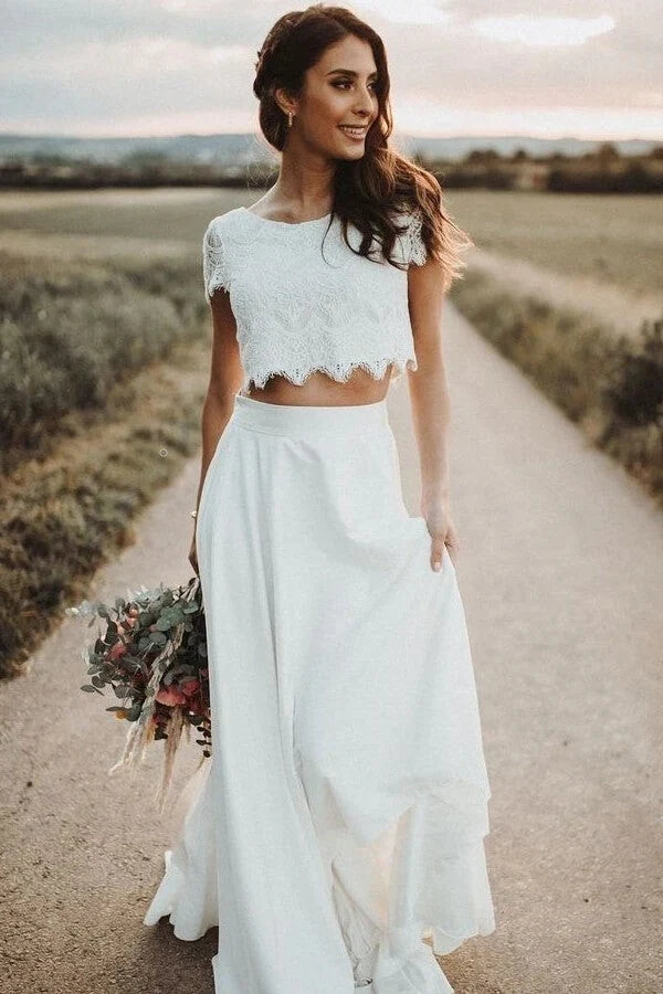 Ivory Chiffon Two Pieces Lace Top Short Sleeves Cheap Wedding Dresses MW772 Ivory Chiffon Two Pieces Lace Top Short Sleeves Cheap Wedding Dresses MW772