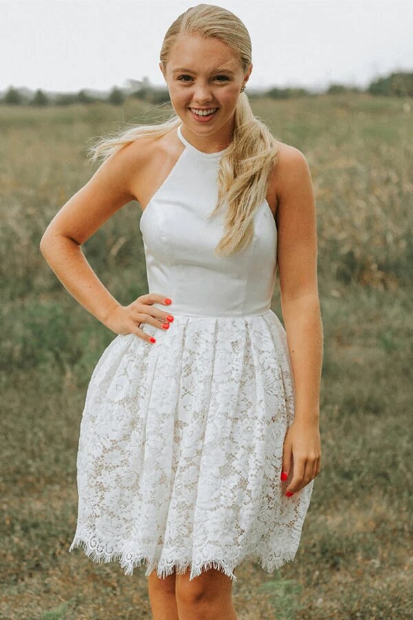 Ivory Lace A-line Backless Halter Homecoming Dresses, Short Party Dresses, MH559