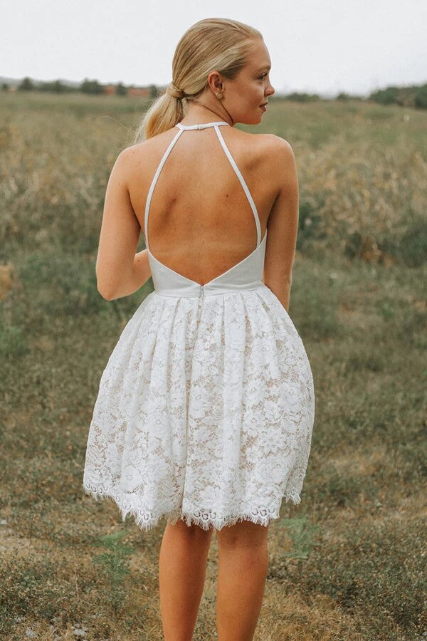 Ivory Lace A-line Backless Halter Homecoming Dress MH559 | Musebridals Ivory Lace A-line Backless Halter Homecoming Dress MH559 | Musebridals