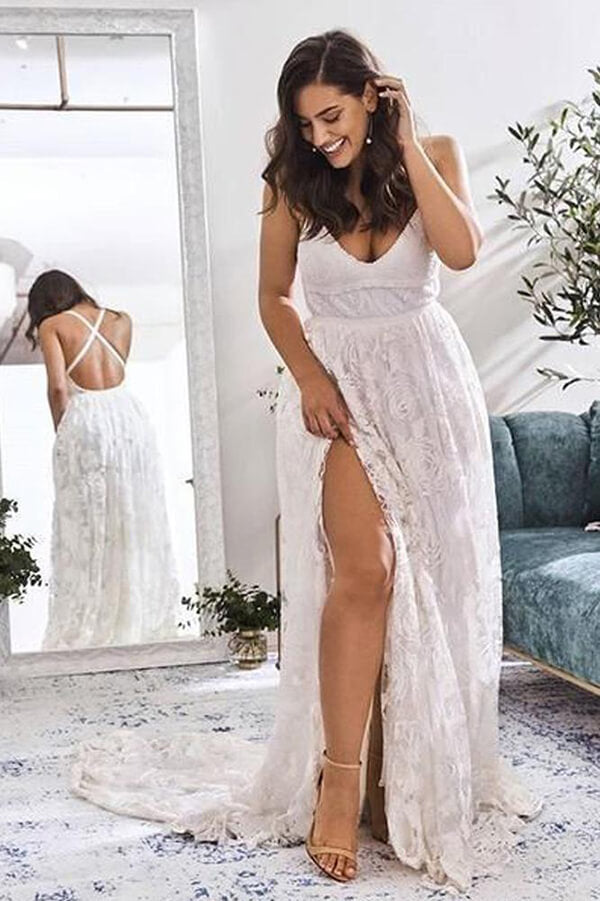 Ivory Lace A-line V-neck Cross Back Wedding Dresses with High Slit, MW550 Ivory Lace A-line V-neck Cross Back Wedding Dresses with High Slit, MW550