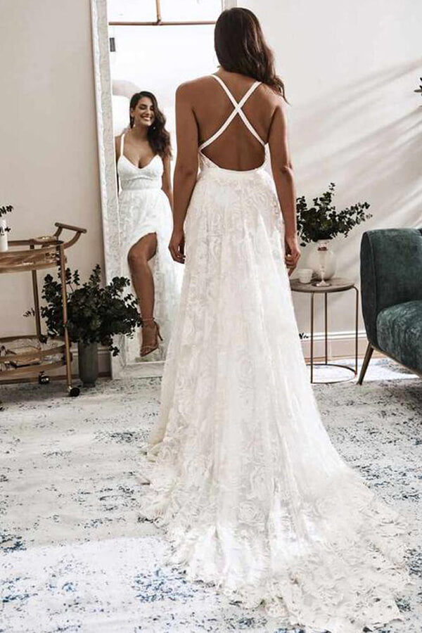 Ivory Lace A-line V-neck Cross Back Wedding Dresses with High Slit, MW550 Ivory Lace A-line V-neck Cross Back Wedding Dresses with High Slit, MW550