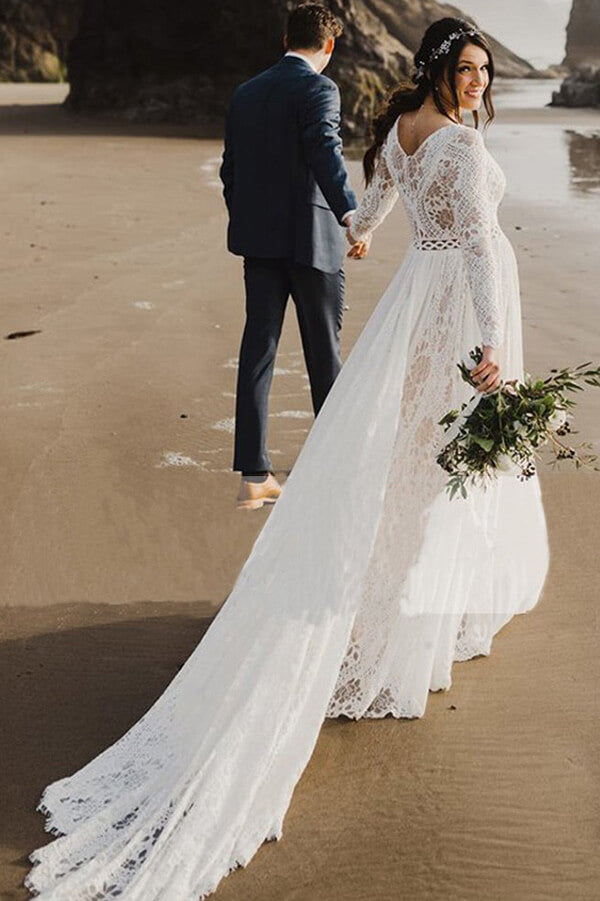 Ivory Lace A-line V-neck Long Sleeves Beach Wedding Dresses, Bridal Gown,  MW664