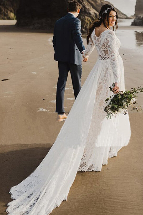 Ivory Lace A-line Long Sleeves Beach Wedding Dress MW664 Ivory Lace A-line Long Sleeves Beach Wedding Dress MW664