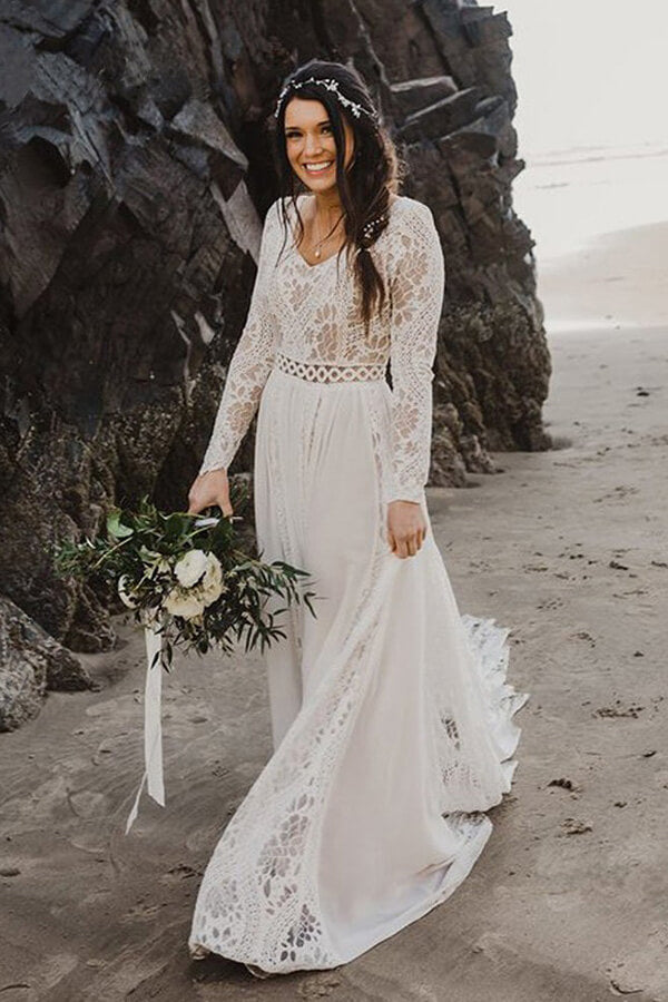 Ivory Lace A-line V-neck Long Sleeves Beach Wedding Dresses, Bridal Gown, MW664 Ivory Lace A-line V-neck Long Sleeves Beach Wedding Dresses, Bridal Gown, MW664