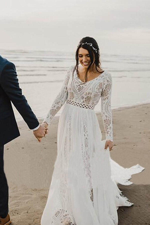 Ivory Lace A-line V-neck Long Sleeves Beach Wedding Dresses, Bridal Gown,  MW664