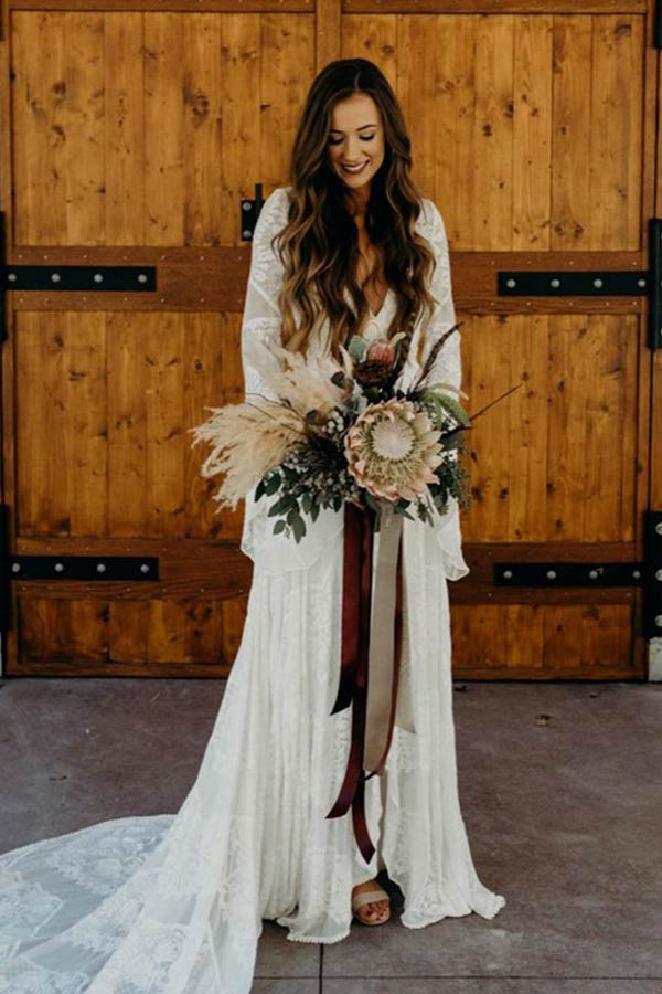 blue dress for baby girl Ivory Lace A-line Long Sleeves Boho Wedding Dress MW766