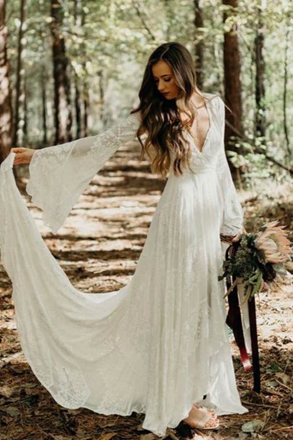 Ivory Lace A-line V-neck Long Sleeves Sweep Train Boho Wedding Dresses, MW766 Ivory Lace A-line V-neck Long Sleeves Sweep Train Boho Wedding Dresses, MW766