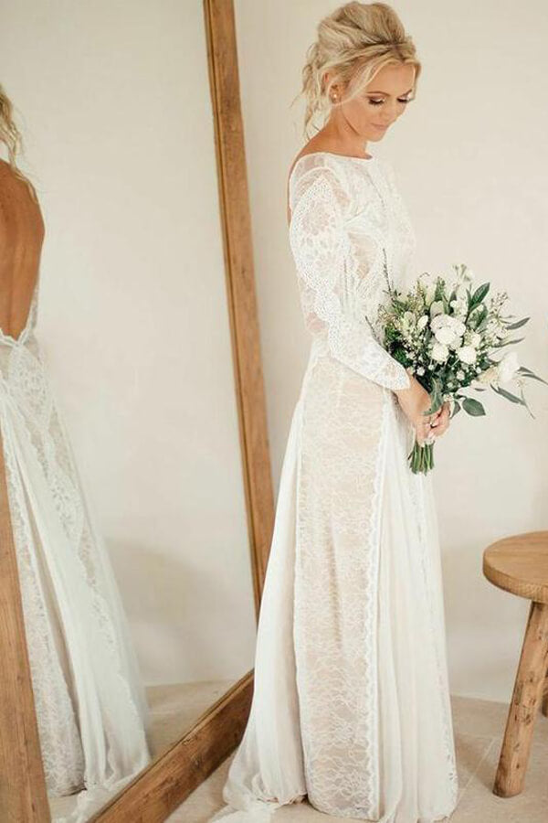 Ivory Lace Long Sleeves Boho Wedding Dresses MW569 | Musebridals Ivory Lace Long Sleeves Boho Wedding Dresses MW569 | Musebridals