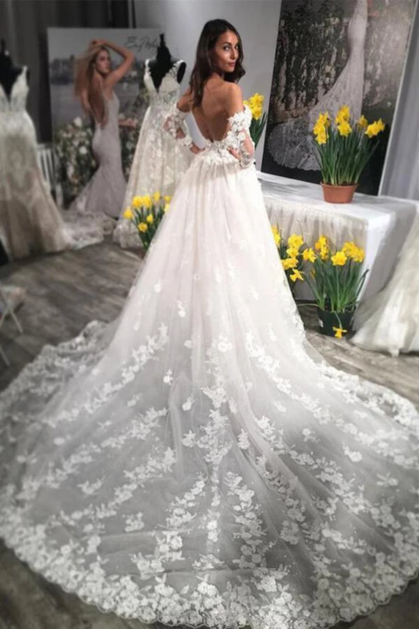 Ivory Lace Long Sleeves A-line Backless Wedding Dresses With Train, MW609 Ivory Lace Long Sleeves A-line Backless Wedding Dresses With Train, MW609