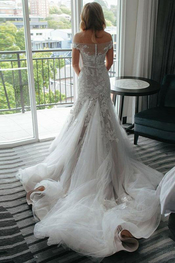Ivory Lace Mermaid Off-the-Shoulder Illusion Neckline Wedding Dresses, MW541