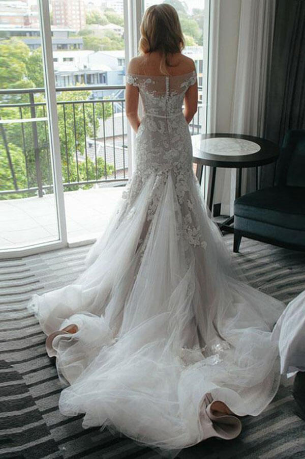 Ivory Lace Mermaid Off-the-Shoulder Illusion Neckline Wedding Dresses, MW541 Ivory Lace Mermaid Off-the-Shoulder Illusion Neckline Wedding Dresses, MW541