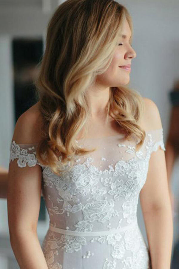 Ivory Lace Mermaid Illusion Neck Wedding Dresses, MW541