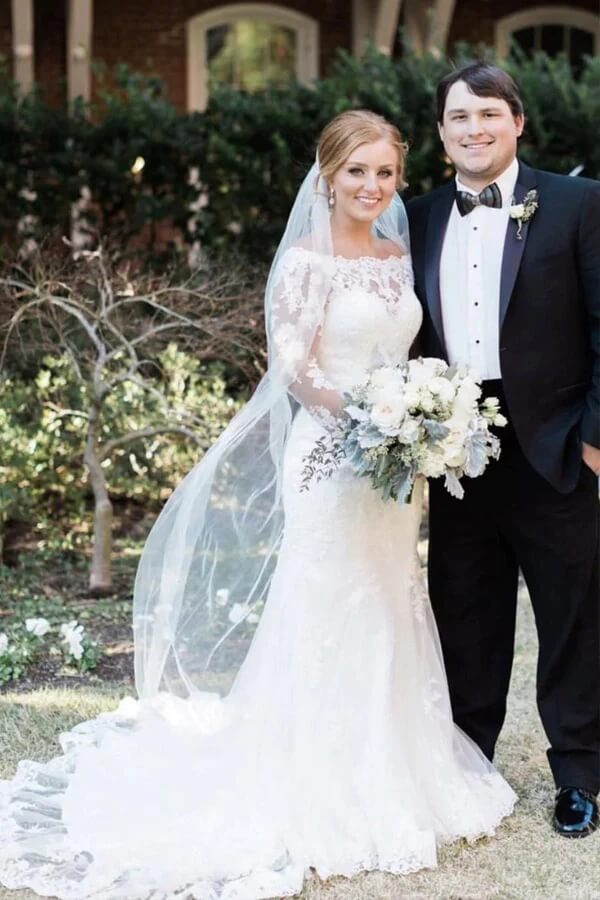 mermaid off the shoulder long sleeve wedding dress Ivory Lace Mermaid Long Sleeves Wedding Dresses, MW768