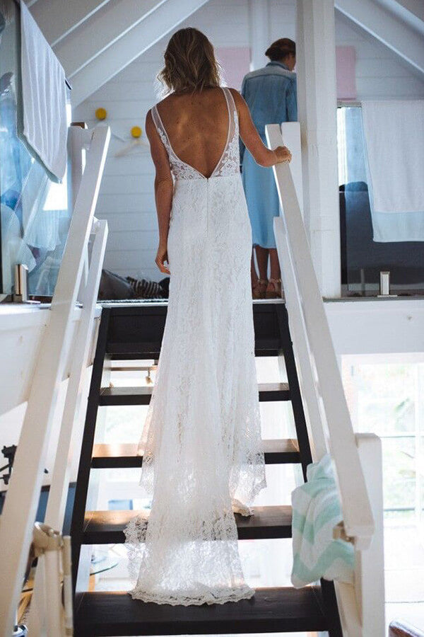 Ivory Lace Mermaid Open Back V-neck Long Beach Wedding Dresses, MW682