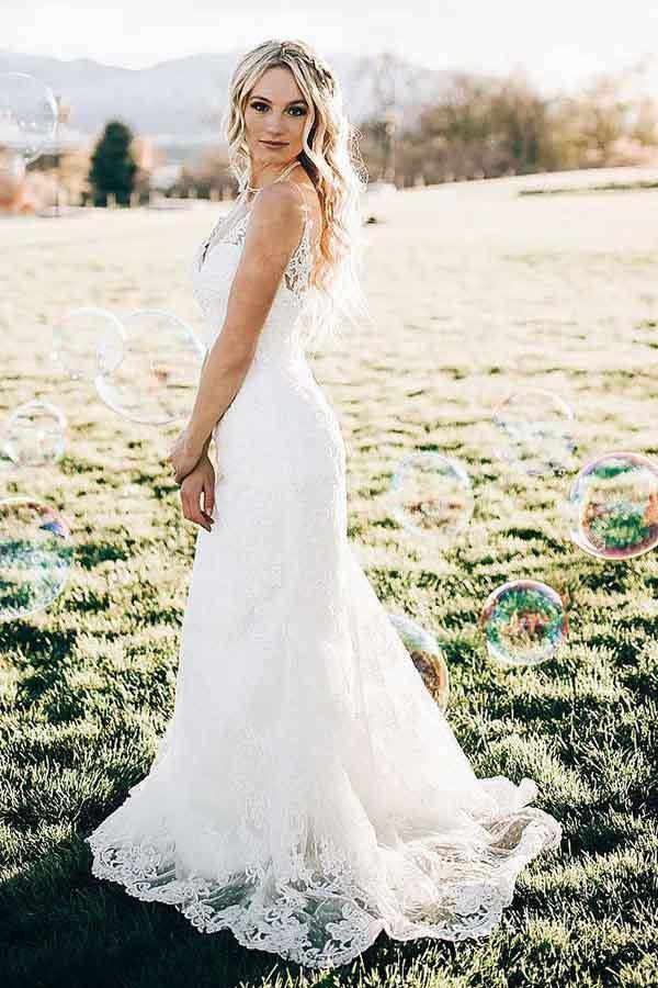 Lace Mermaid V neck Sweep Train Wedding Dresses MW706 Musebridals