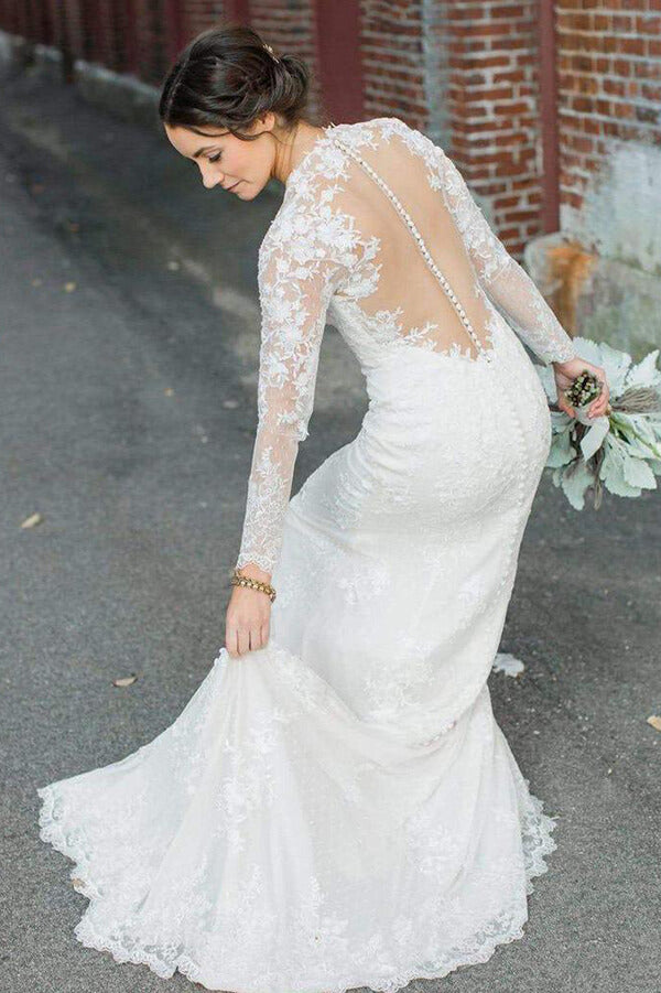 Ivory Lace Sheath V-neck Long Sleeves Wedding Dresses, Bridal Gown, MW610