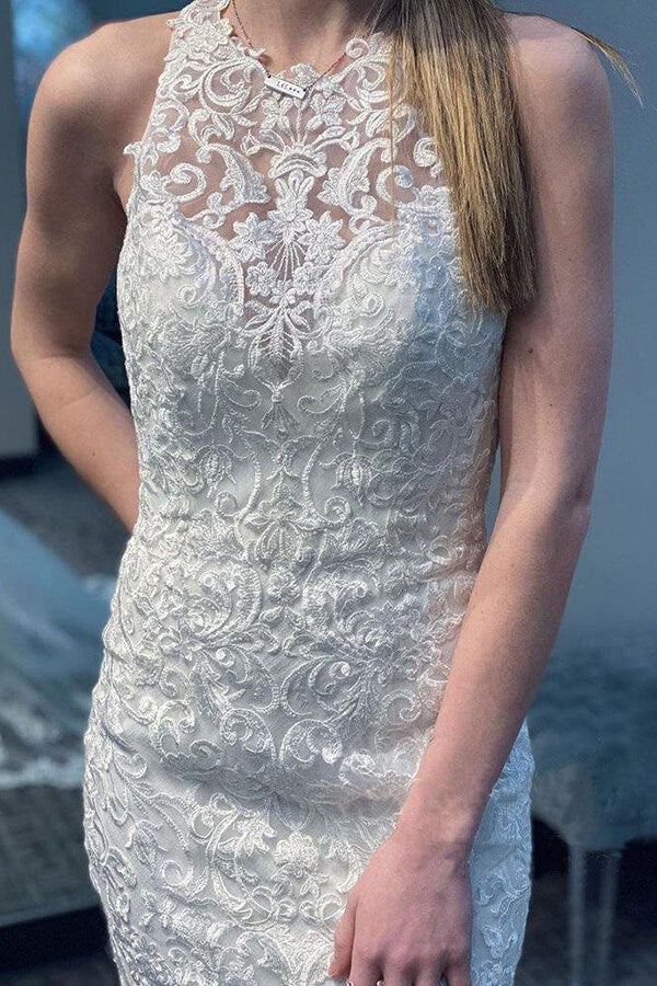 chinese dress ladies Davinci Bridal 50734 A-Line Halter High Neck Lace Appliques Sequin Train Wedding Gown 4 / Ivory/Ivory main image 0