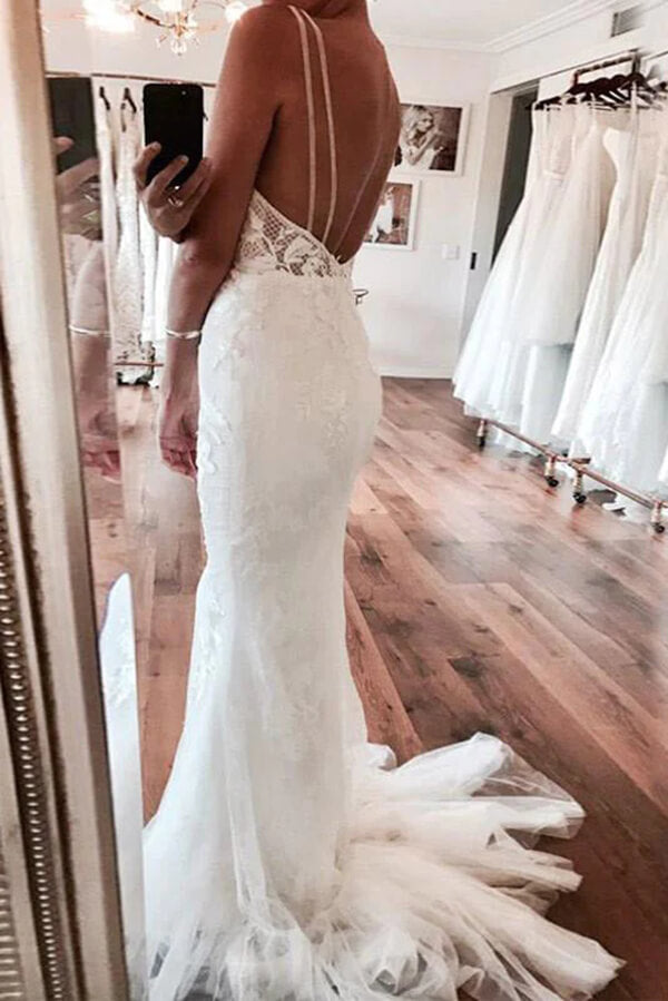 Ivory Mermaid Backless Deep V-neck Lace Wedding Dresses, Bridal Gown, MW828 Ivory Mermaid Backless Deep V-neck Lace Wedding Dresses, Bridal Gown, MW828
