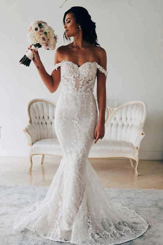 Ivory Mermaid Lace Backless Off Shoulder Wedding Dresses, Bridal Gown, MW749 Ivory Mermaid Lace Backless Off Shoulder Wedding Dresses, Bridal Gown, MW749