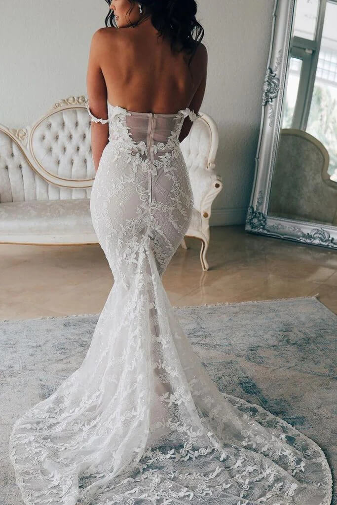 Vintage Lace Off Shoulder Mermaid Tulle Backless Wedding Dresses, FC19 –  OkBridal