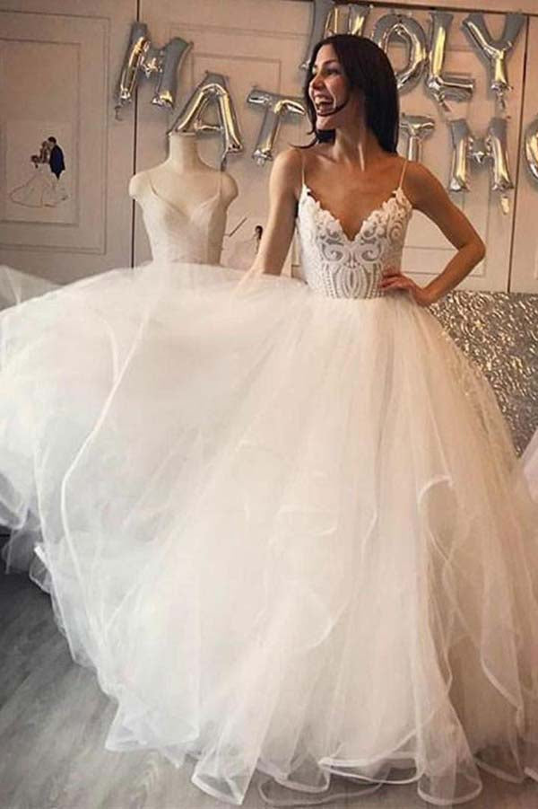 Ivory Organza Spaghetti Straps Lace Appliqued Beach Wedding Dresses, MW598 Ivory Organza Spaghetti Straps Lace Appliqued Beach Wedding Dresses, MW598