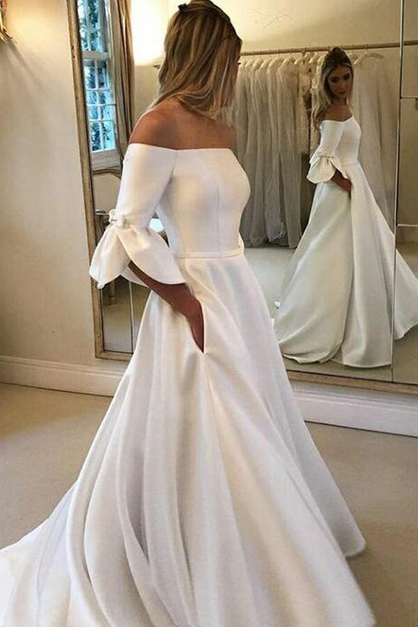 Ivory Satin A-line 3/4 Sleeves Off Shoulder Wedding Dresses with Pockets, MW663 Ivory Satin A-line 3/4 Sleeves Off Shoulder Wedding Dresses with Pockets, MW663