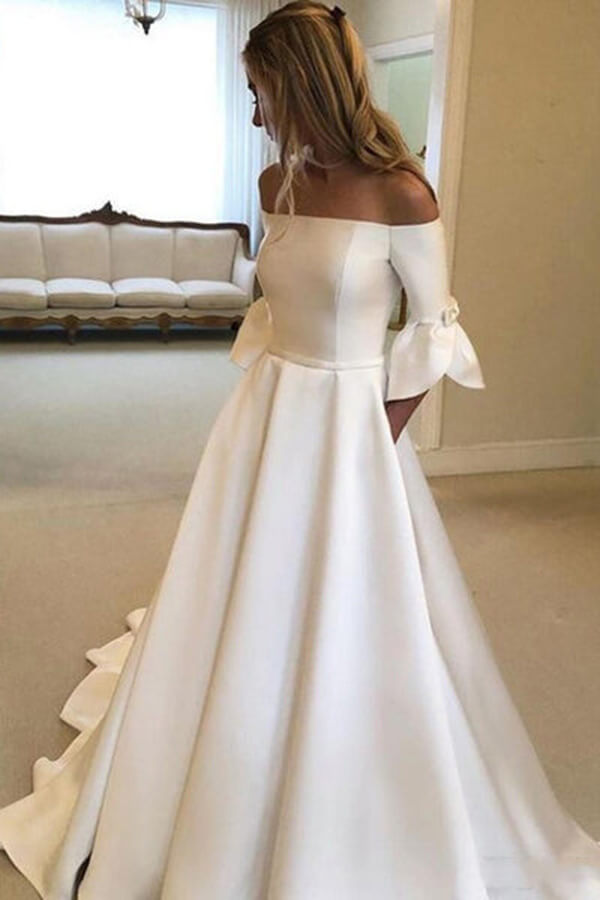 solid long sleeve wedding dress V Neck Solid White Long Sleeve Wedding Dress Ivory Lace And Satin V-neck Long Sleeve