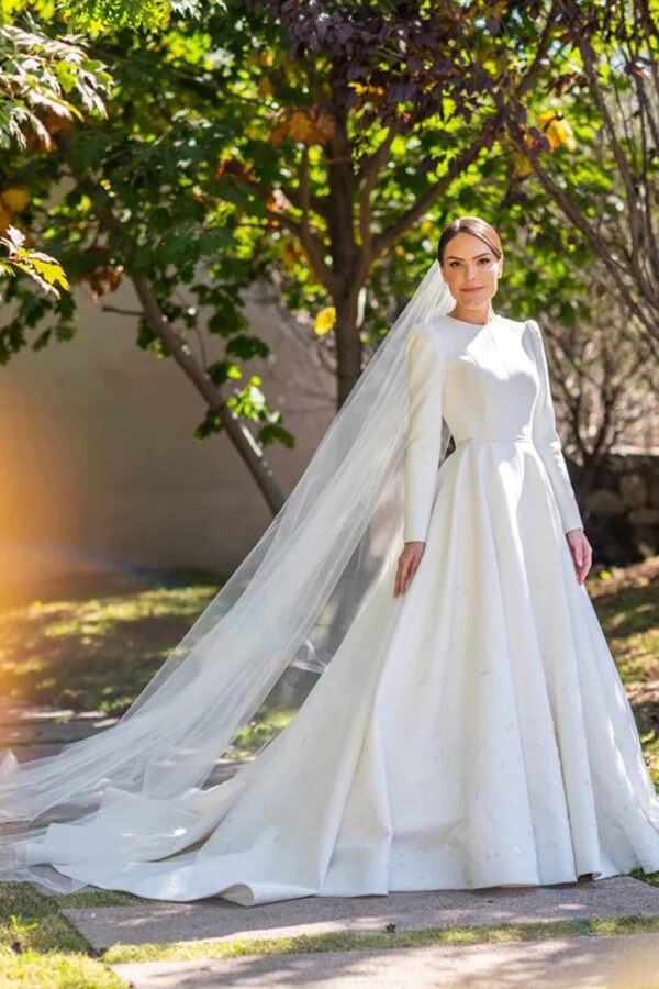 Ivory Satin A-line Long Sleeves Embroidery Modest Wedding Dresses, MW835 Ivory Satin A-line Long Sleeves Embroidery Modest Wedding Dresses, MW835