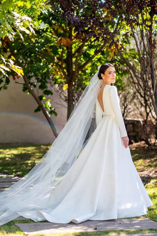 Ivory Satin Long Sleeves Embroidery Wedding Dress MW835 | Musebridals Ivory Satin Long Sleeves Embroidery Wedding Dress MW835 | Musebridals