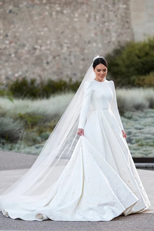 Ivory Satin A-line Long Sleeves Embroidery Modest Wedding Dresses, MW835 Ivory Satin A-line Long Sleeves Embroidery Modest Wedding Dresses, MW835