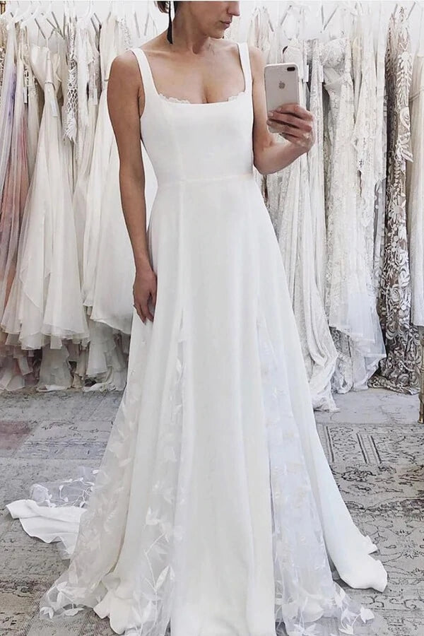 Ivory Satin A-line Spaghetti Straps Wedding Dress MW638