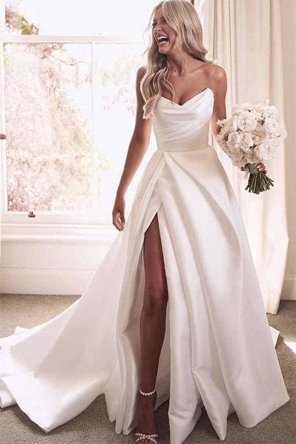 Ivory Satin A-line Strapless Court Train Wedding Dresses With Thigh Slit, MW674 Ivory Satin A-line Strapless Court Train Wedding Dresses With Thigh Slit, MW674