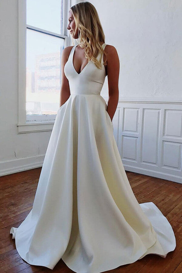 Ivory Satin A-line V-neck Wedding Dresses with Pockets, Bridal Gowns, MW680 Ivory Satin A-line V-neck Wedding Dresses with Pockets, Bridal Gowns, MW680