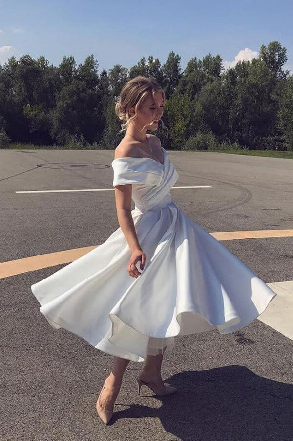 Ivory Satin Off Shoulder A line Ankle length Wedding Dress Bridal Gown MW627