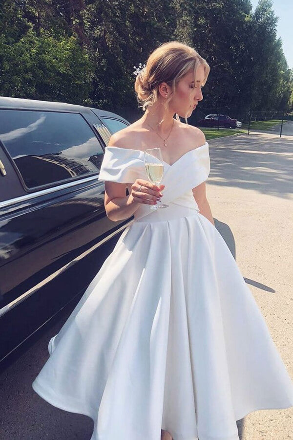 Ivory Satin Off Shoulder A-line Ankle-length Wedding Dress, Bridal Gown, MW627 Ivory Satin Off Shoulder A-line Ankle-length Wedding Dress, Bridal Gown, MW627