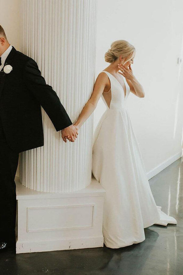 Ivory Satin Simple A-line V-neck Wedding Dresses, Elegant Bridal Gown, MW545 Ivory Satin Simple A-line V-neck Wedding Dresses, Elegant Bridal Gown, MW545