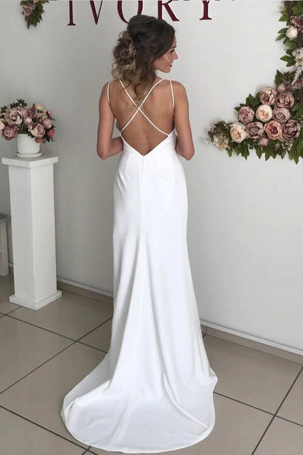 Ivory Sheath V-neck Backless Spaghetti Straps Wedding Dresses with Slit, MW710