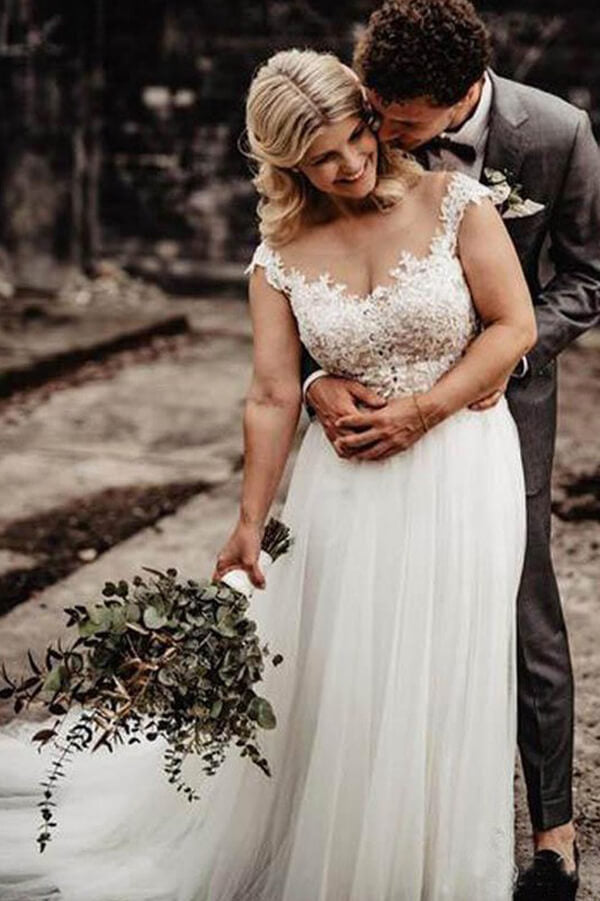 Ivory Tulle A-line Illusion Neck Wedding Dresses with Lace Appliques, MW573 | lace wedding dresses | cheap wedding dress | bridal gowns | www.musebridals.com