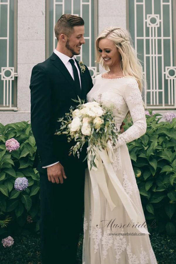 Ivory Tulle A-line Lace Appliques Wedding Dresses, MW556 | Musebridals Ivory Tulle A-line Lace Appliques Wedding Dresses, MW556 | Musebridals